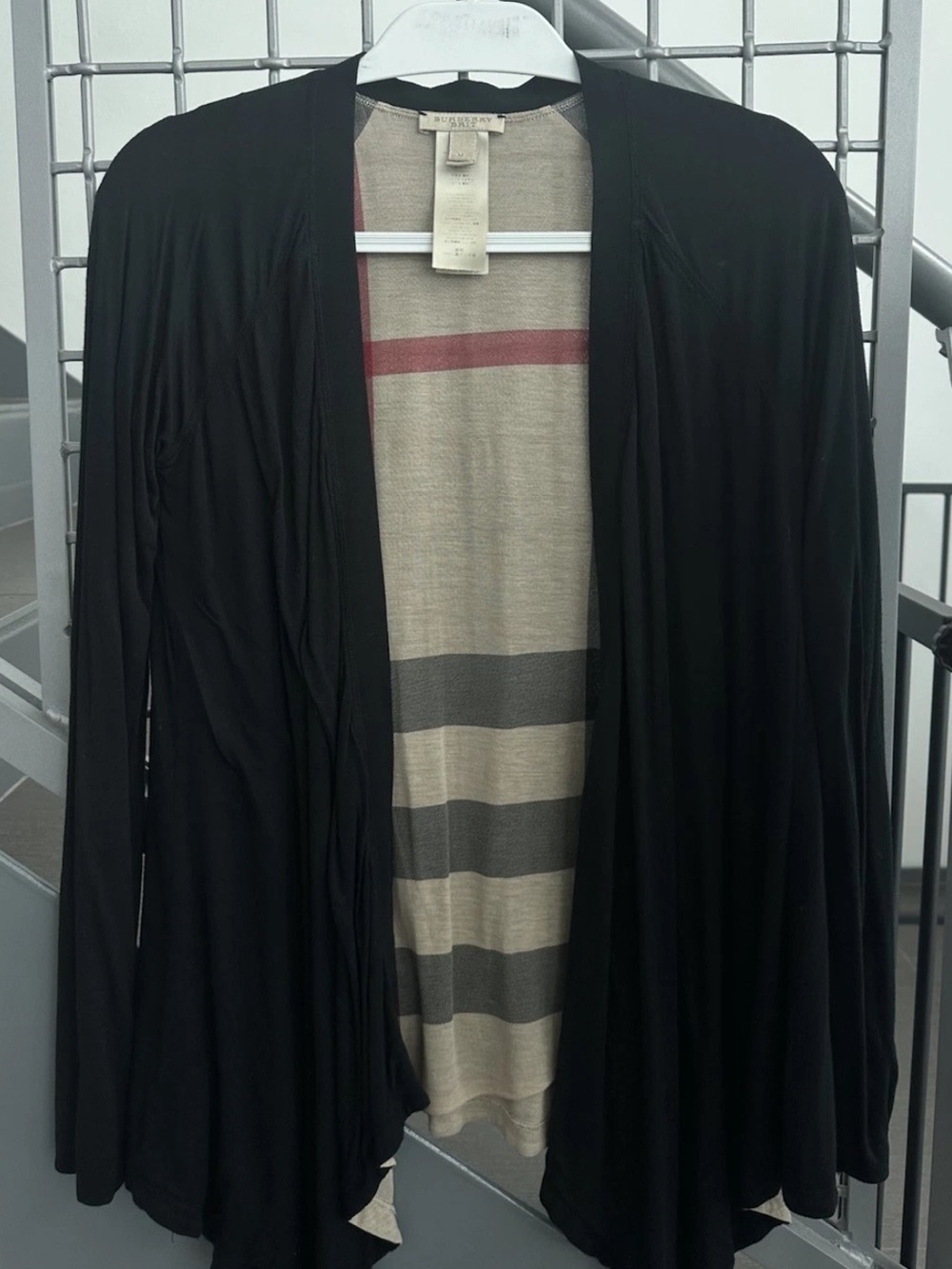 Burberry Brit Plaid Black Beige Red Open Front Long Sleeve Cardigan Sweater Sz M